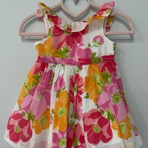 Janie and Jack Tea Time Bright Floral Dress Color Orange and Pink Size 3/6 Month